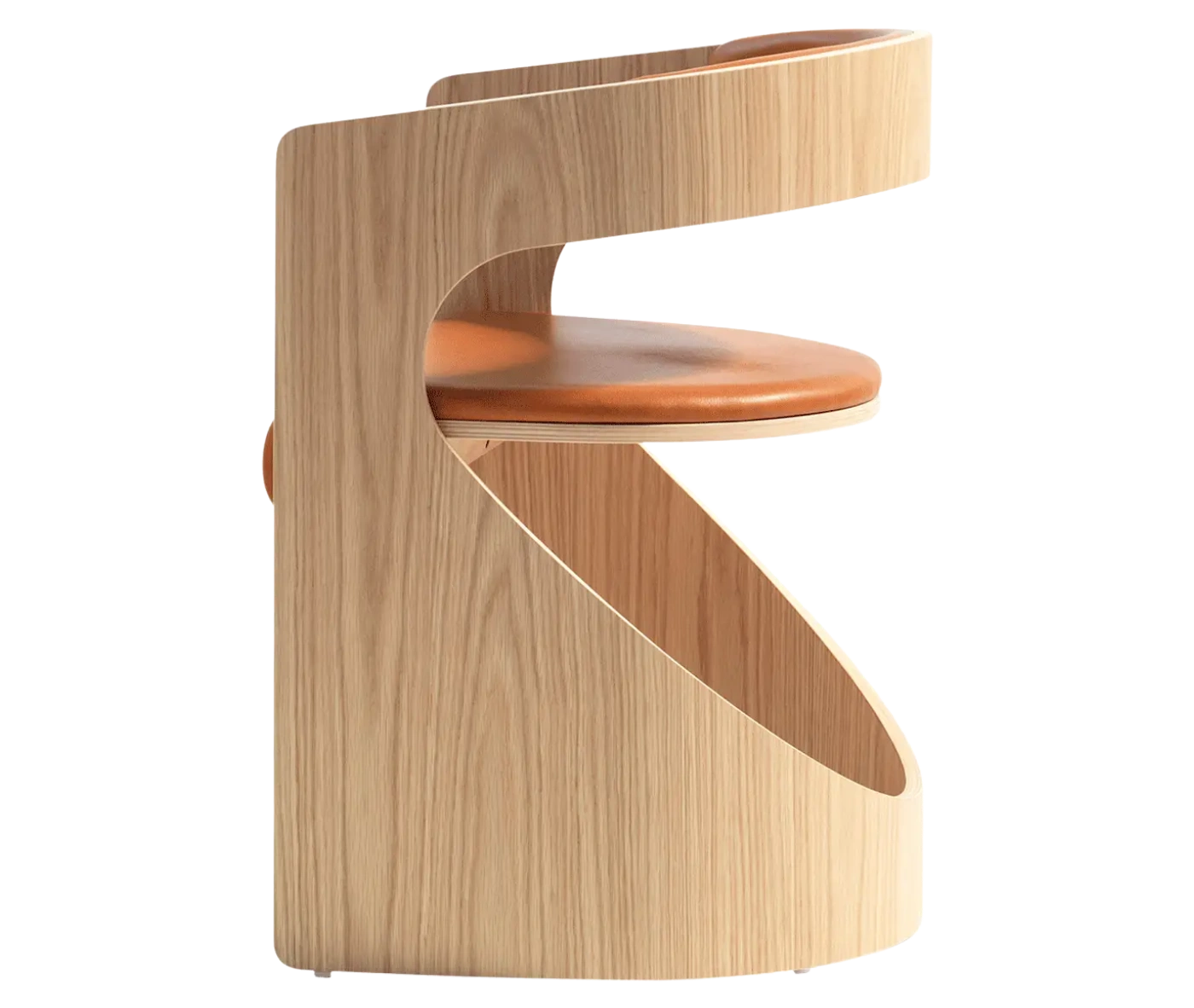 Bla Station Lucky lounge chair, left-side view with curved natural timber frame and upholstered seat and backrest.