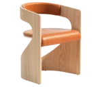 Bla Station Lucky chair in front-right view with a natural wood curved frame and light brown upholstered seat and backrest.