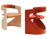 Bla Station Lucky lounge chairs side by side with curved timber frames and upholstered seats in different finishes.
