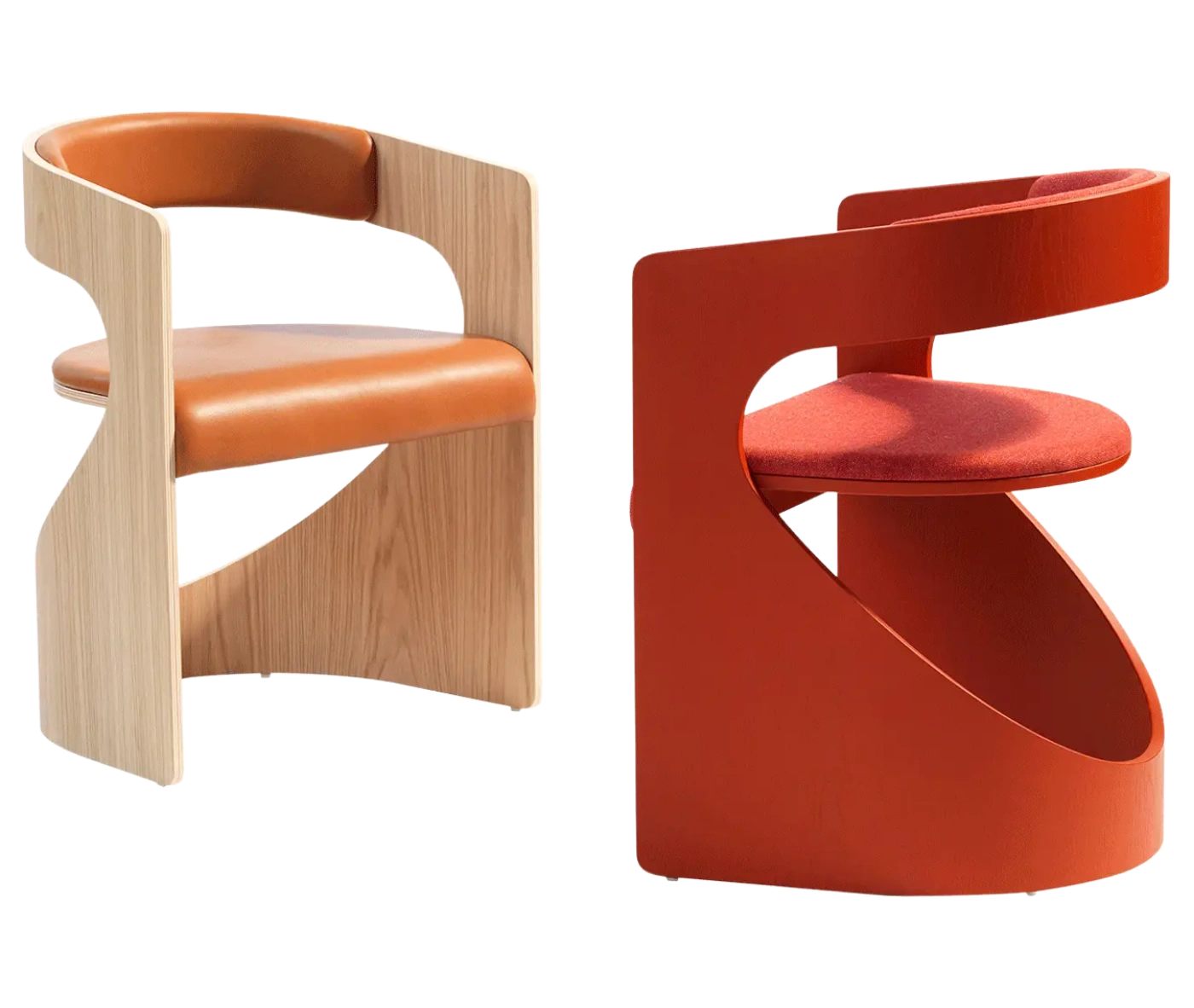 Bla Station Lucky lounge chairs side by side with curved timber frames and upholstered seats in different finishes.