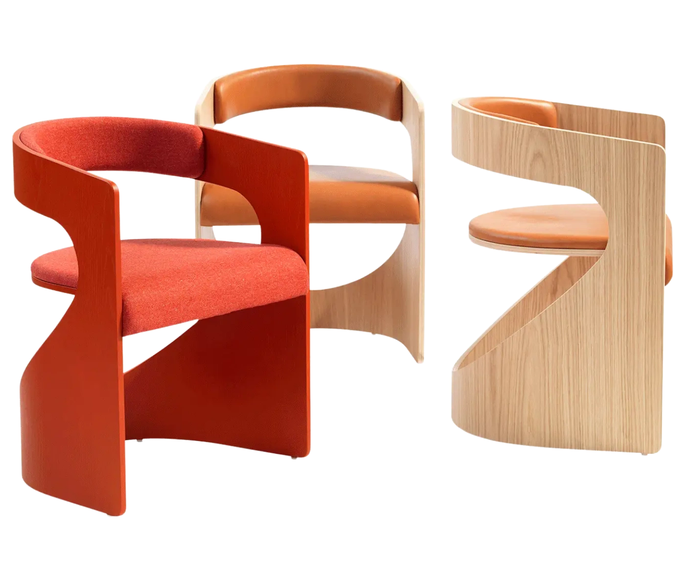 Bla Station Lucky lounge chairs in assorted finishes with curved timber frames and upholstered seats and backrests.
