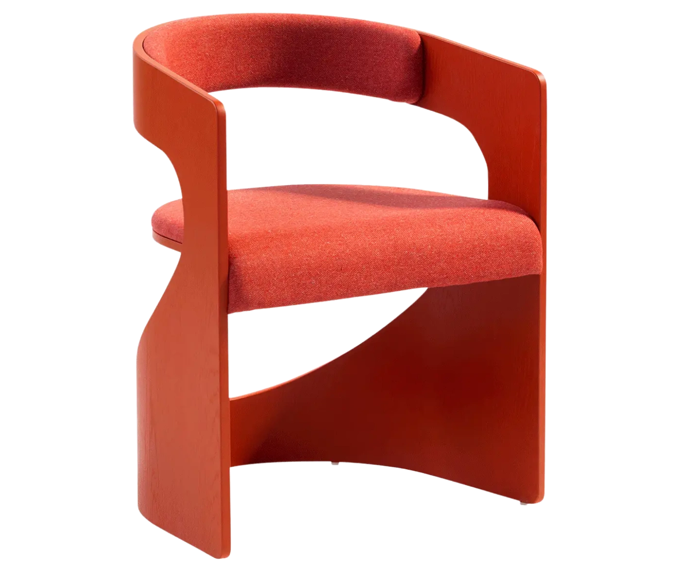 Bla Station Lucky chair in front-right view with red wood curved frame and upholstered seat and backrest.