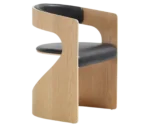 Bla Station Lucky chair in front-right view with a natural wood curved frame and dark upholstered seat and backrest.