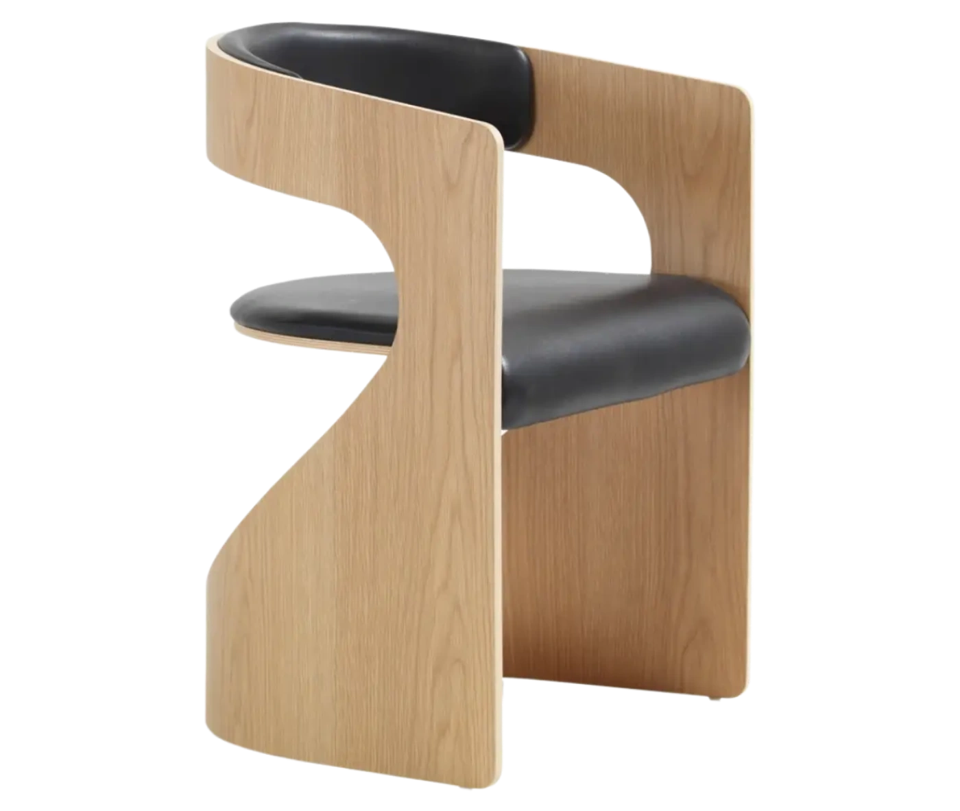 Bla Station Lucky chair in front-right view with a natural wood curved frame and dark upholstered seat and backrest.