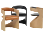 Bla Station Lucky chairs with curved timber frame and an upholstered seat and backrest.