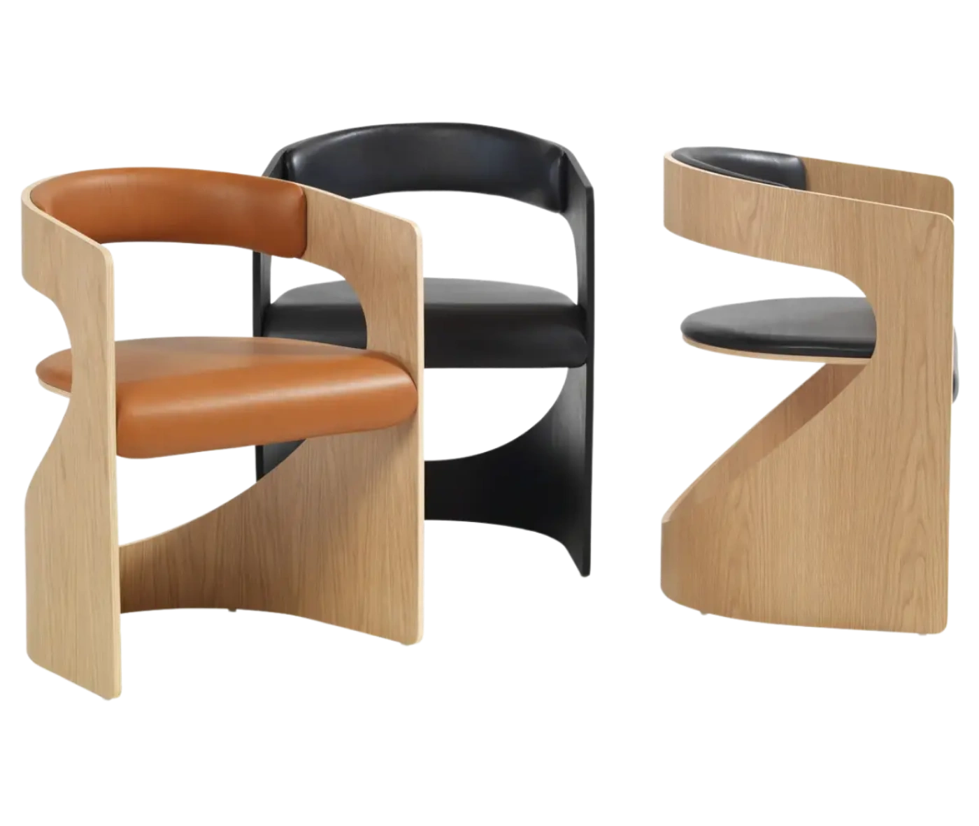 Bla Station Lucky chairs with curved timber frame and an upholstered seat and backrest.