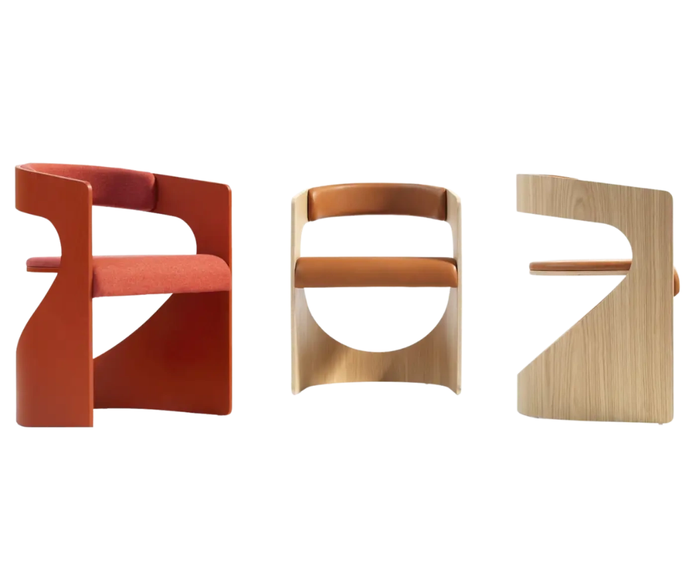 Bla Station Lucky chairs with curved timber frame in different finishes and an upholstered seat and backrest.