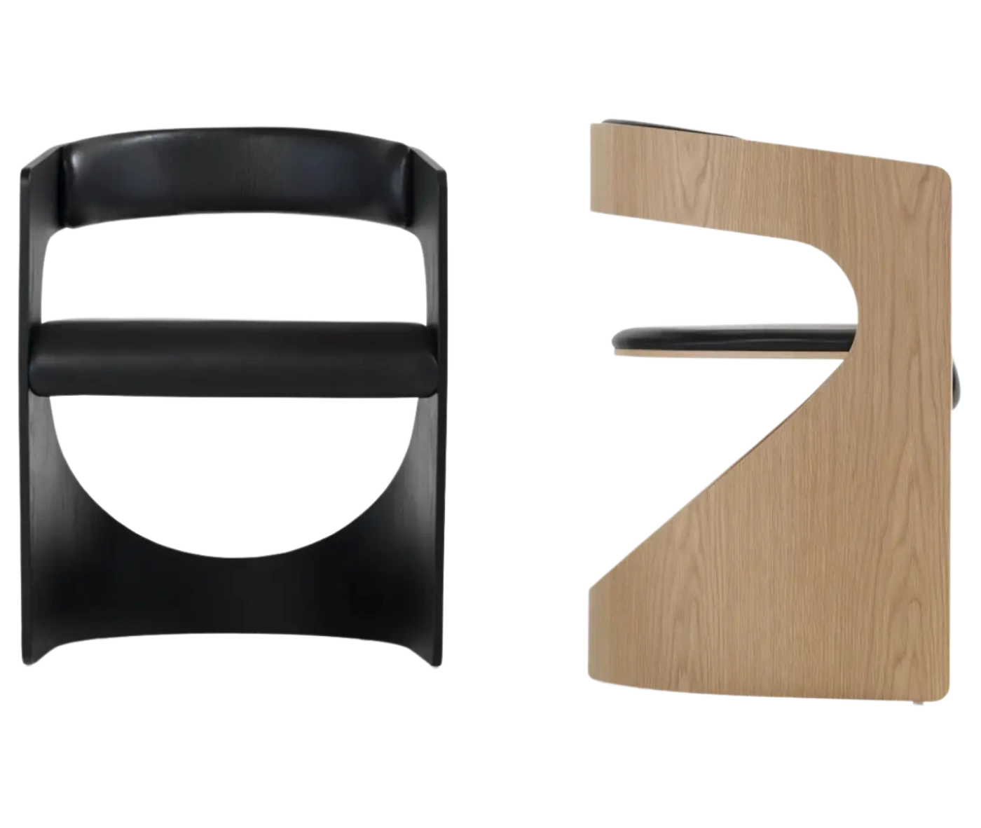 Bla Station Lucky lounge chair, shown in front and side views with timber frame and black upholstered seat.