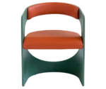 Bla Station Lucky lounge chair, front view with blue green curved timber frame and orange upholstered seat and backrest.