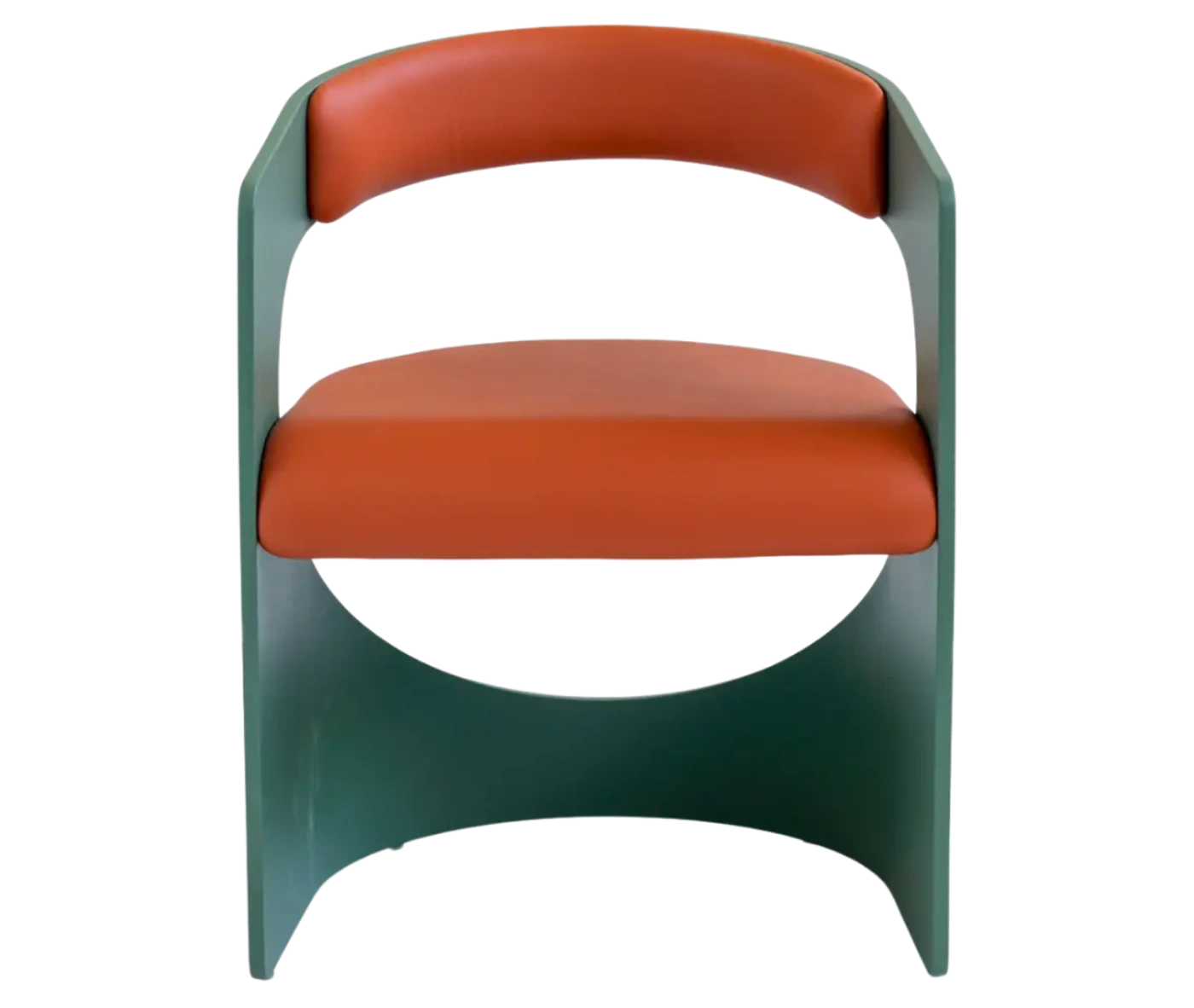 Bla Station Lucky lounge chair, front view with blue green curved timber frame and orange upholstered seat and backrest.