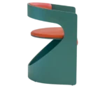 Bla Station Lucky lounge chair, right-side view with green curved timber frame and orange upholstered seat and backrest.
