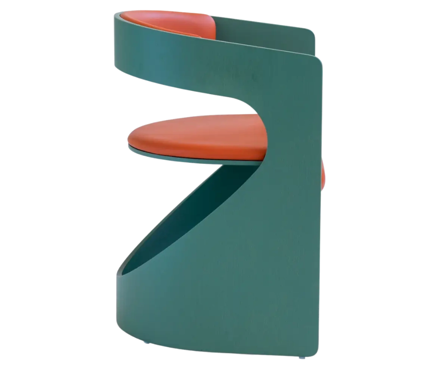 Bla Station Lucky lounge chair, right-side view with green curved timber frame and orange upholstered seat and backrest.