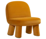 Bla Station Max lounge chair, front-right view in mustard yellow upholstery with rounded backrest, thick cushioned seat and upholstered legs.