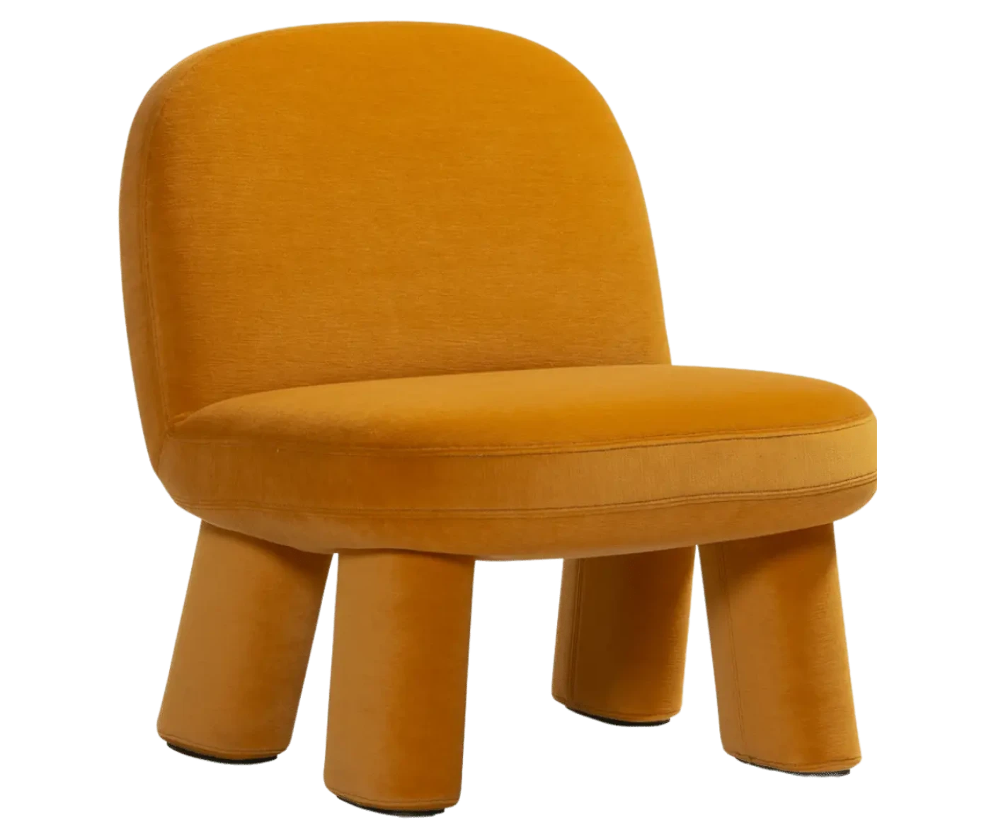 Bla Station Max lounge chair, front-right view in mustard yellow upholstery with rounded backrest, thick cushioned seat and upholstered legs.