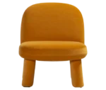 Bla Station Max lounge chair, front view in mustard yellow upholstery with rounded backrest, thick cushioned seat and upholstered legs.