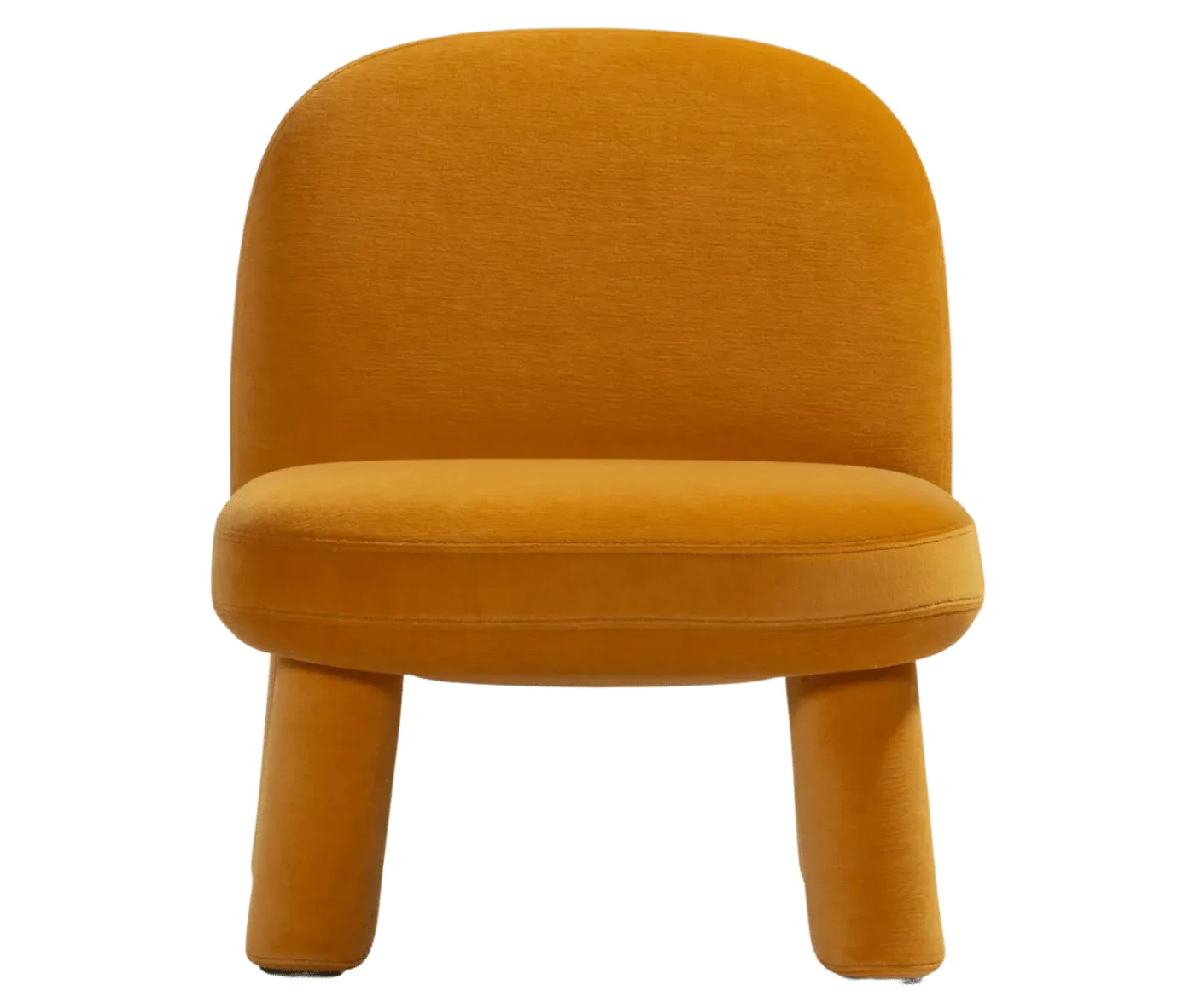 Bla Station Max lounge chair, front view in mustard yellow upholstery with rounded backrest, thick cushioned seat and upholstered legs.