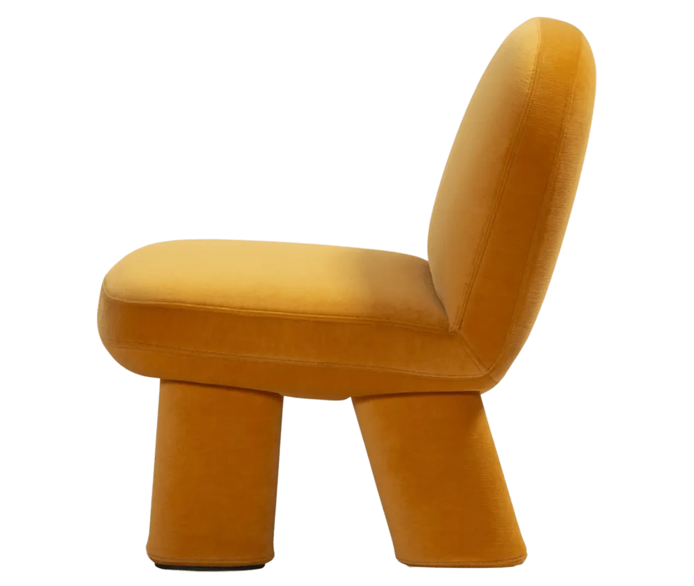 Bla Station Max lounge chair, left-side view in mustard yellow upholstery with rounded backrest, thick cushioned seat and upholstered legs.