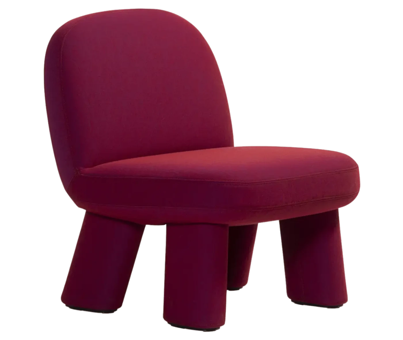 Bla Station Max lounge chair, front-right view in deep magenta upholstery with rounded backrest, thick cushioned seat and upholstered legs.