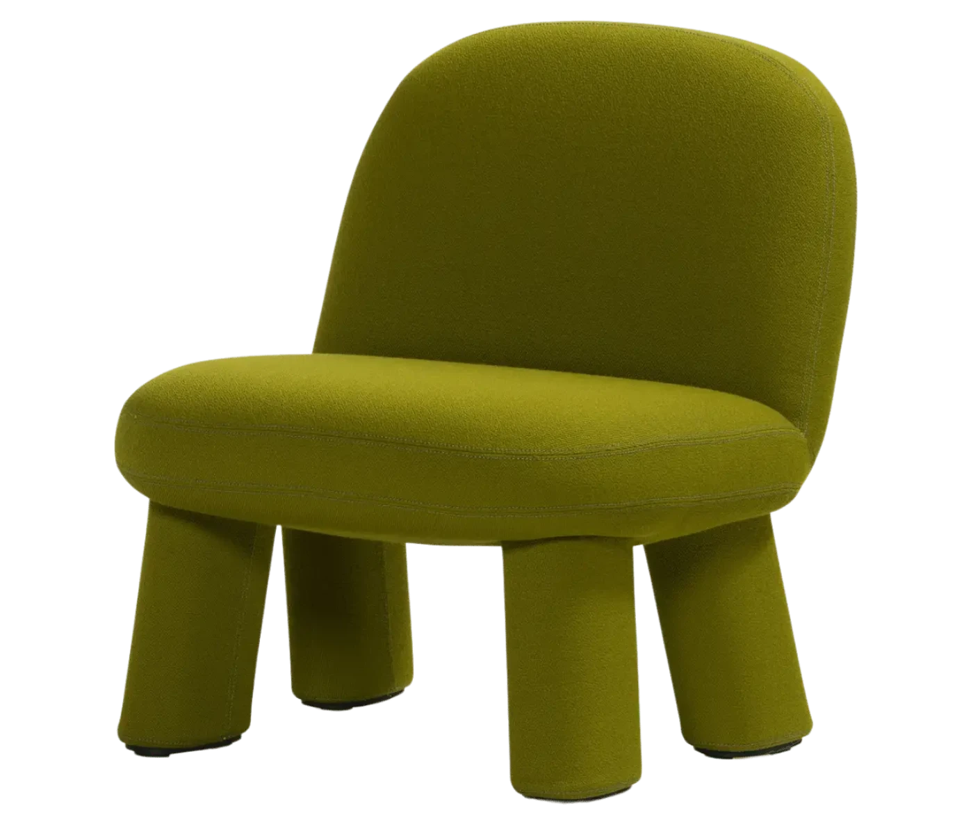Bla Station Max lounge chair, front-right view in olive green upholstery with rounded backrest, thick cushioned seat and upholstered legs.