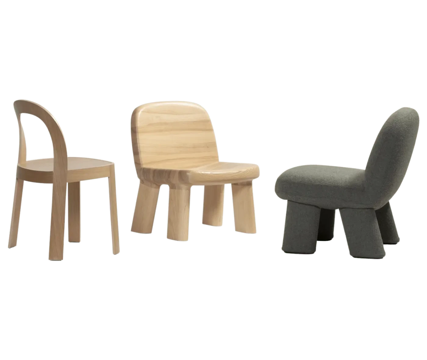 Bla Station OM chair, Maximus, and Max lounge chairs, with natural timber and fully upholstered finishes.