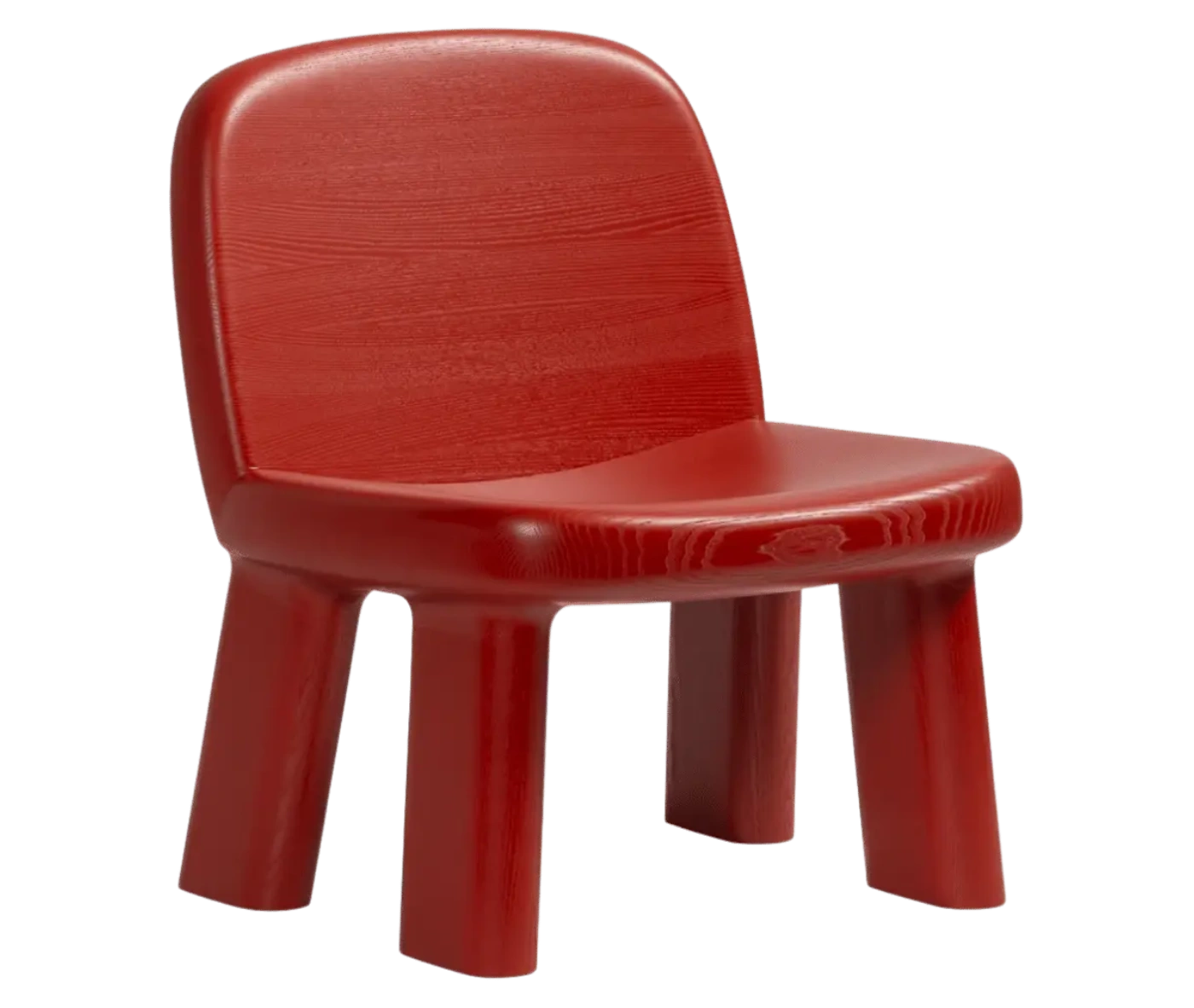 Bla Station Maximus chair, front-right view in red-finished timber with rounded backrest and legs.