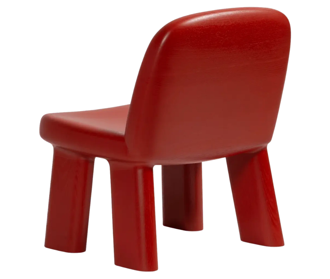 Bla Station Maximus chair, back view in red-finished timber with rounded backrest and legs.