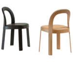 Bla Station OM chairs, angled side and rear views with natural and dark timber frame and upholstered seat and backrest.