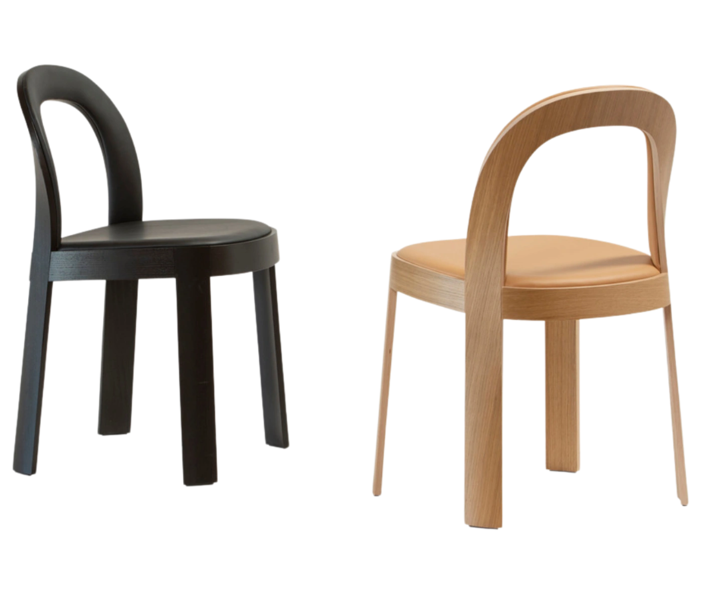Bla Station OM chairs, angled side and rear views with natural and dark timber frame and upholstered seat and backrest.