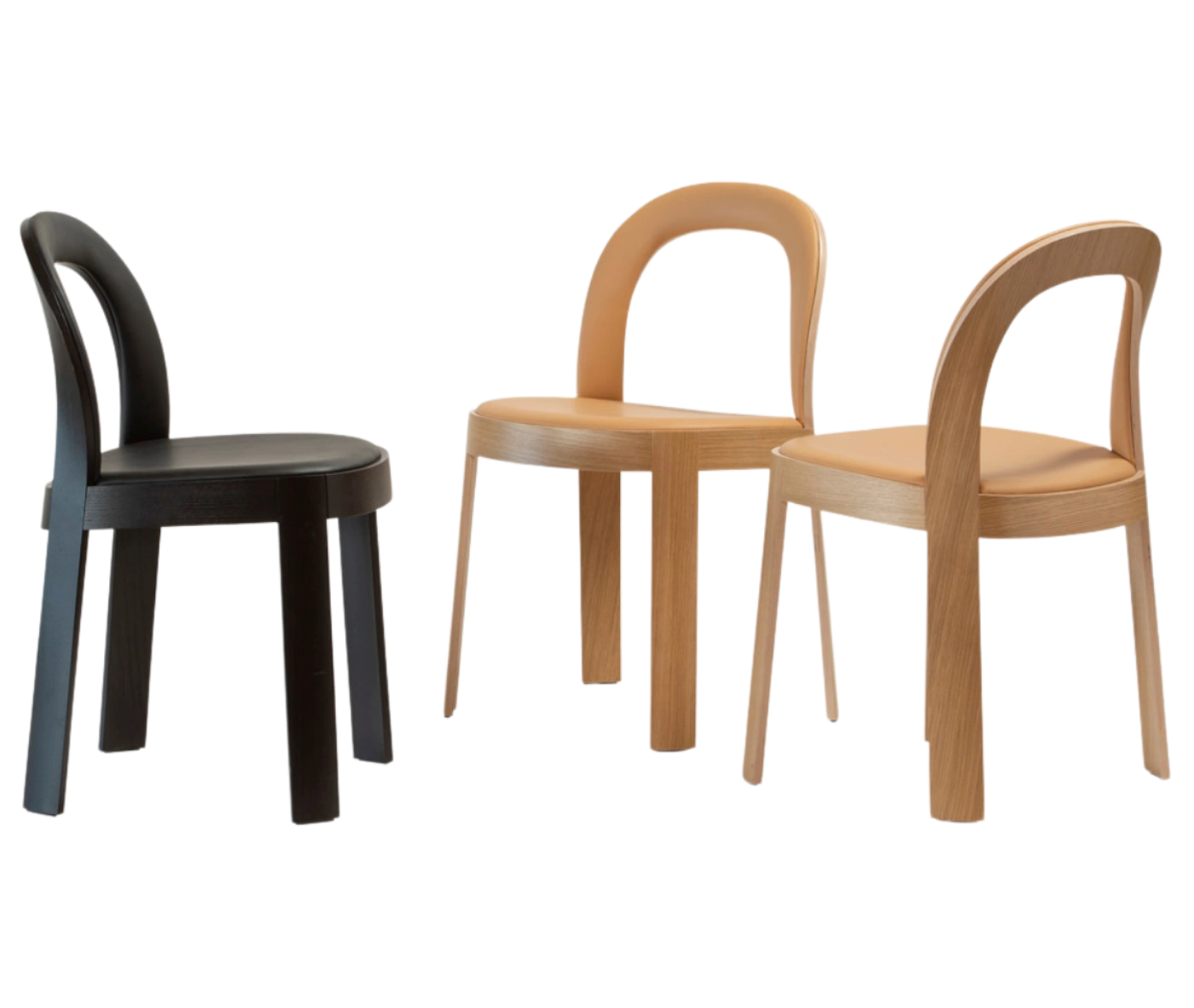 Bla Station OM chairs in assorted timber finishes with upholstered curved backrests and seats.