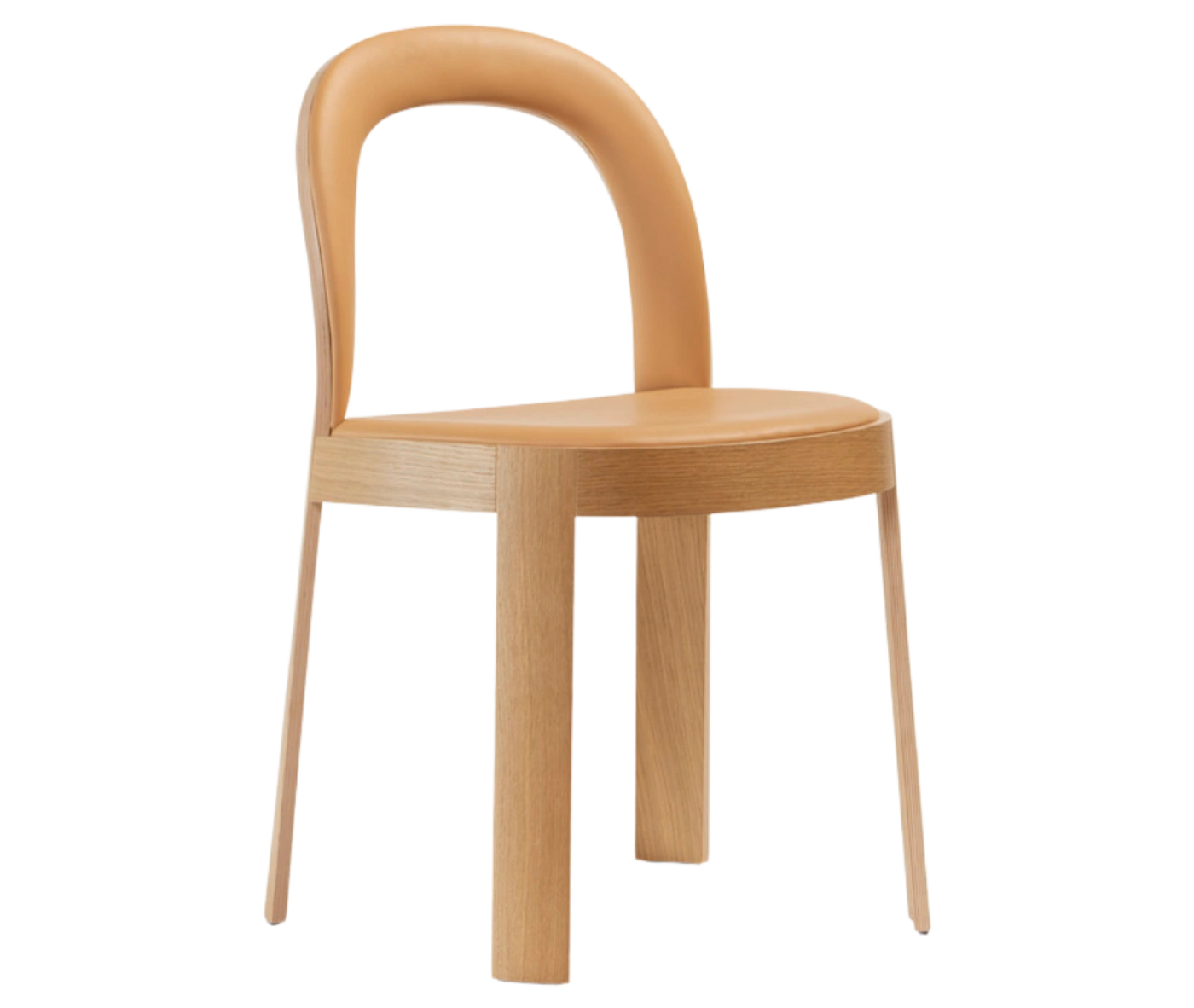 Bla Station OM chair, front-right angle in natural timber with cream upholstered seat and backrest, and slim legs.