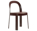 Bla Station OM chair, front-right view in dark brown timber with curved backrest, slim legs, and upholstered seat.