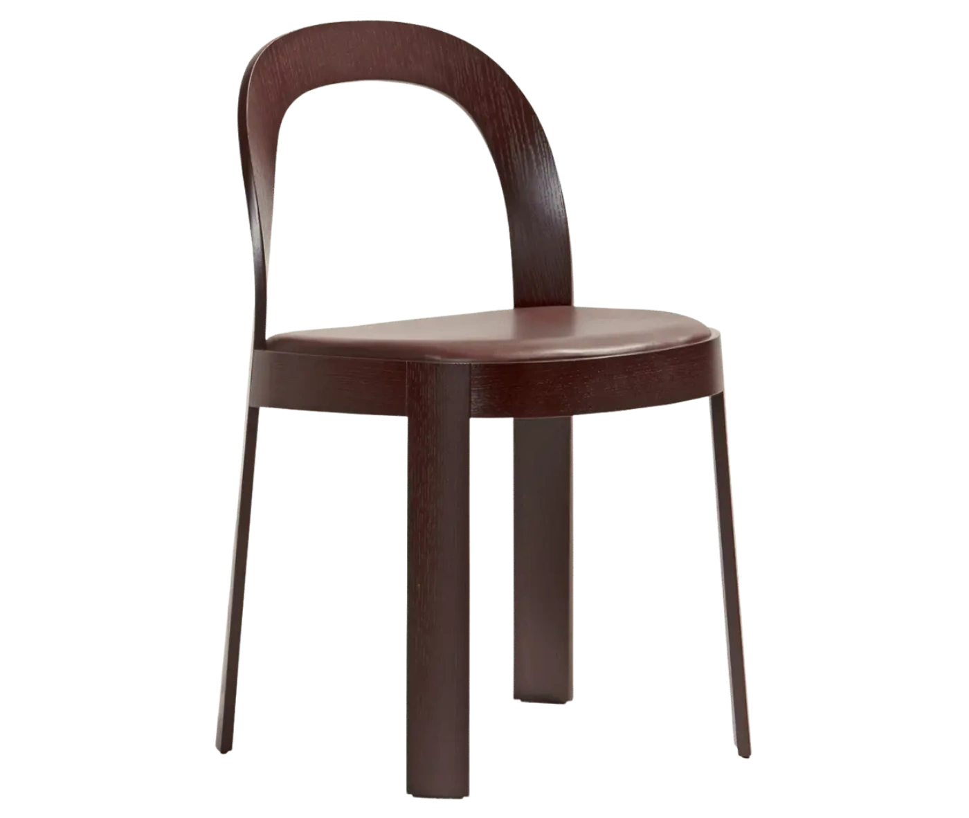 Bla Station OM chair, front-right view in dark brown timber with curved backrest, slim legs, and upholstered seat.