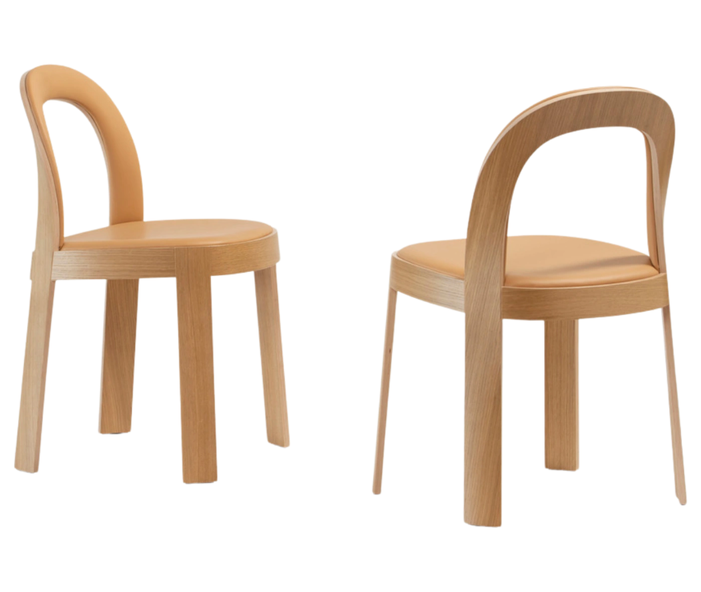 Bla Station OM chairs, angled side and rear views with natural timber frame and upholstered seat and backrest.