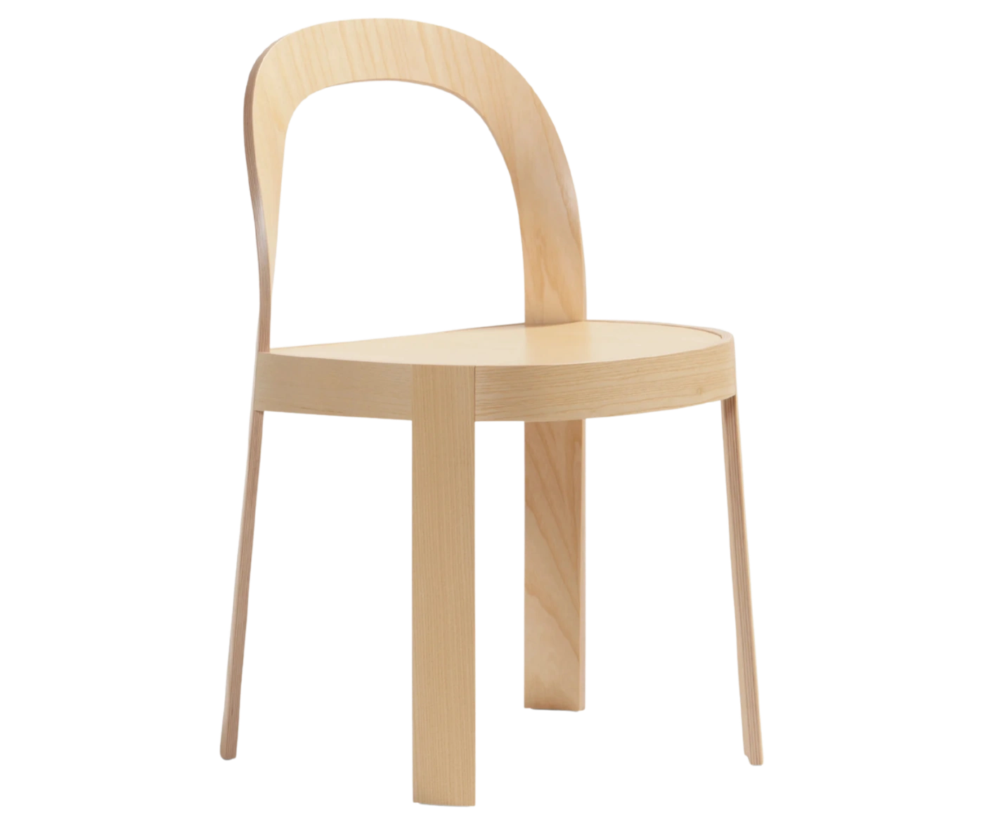Bla Station OM chair, front-right view in natural timber with curved backrest and slim legs.