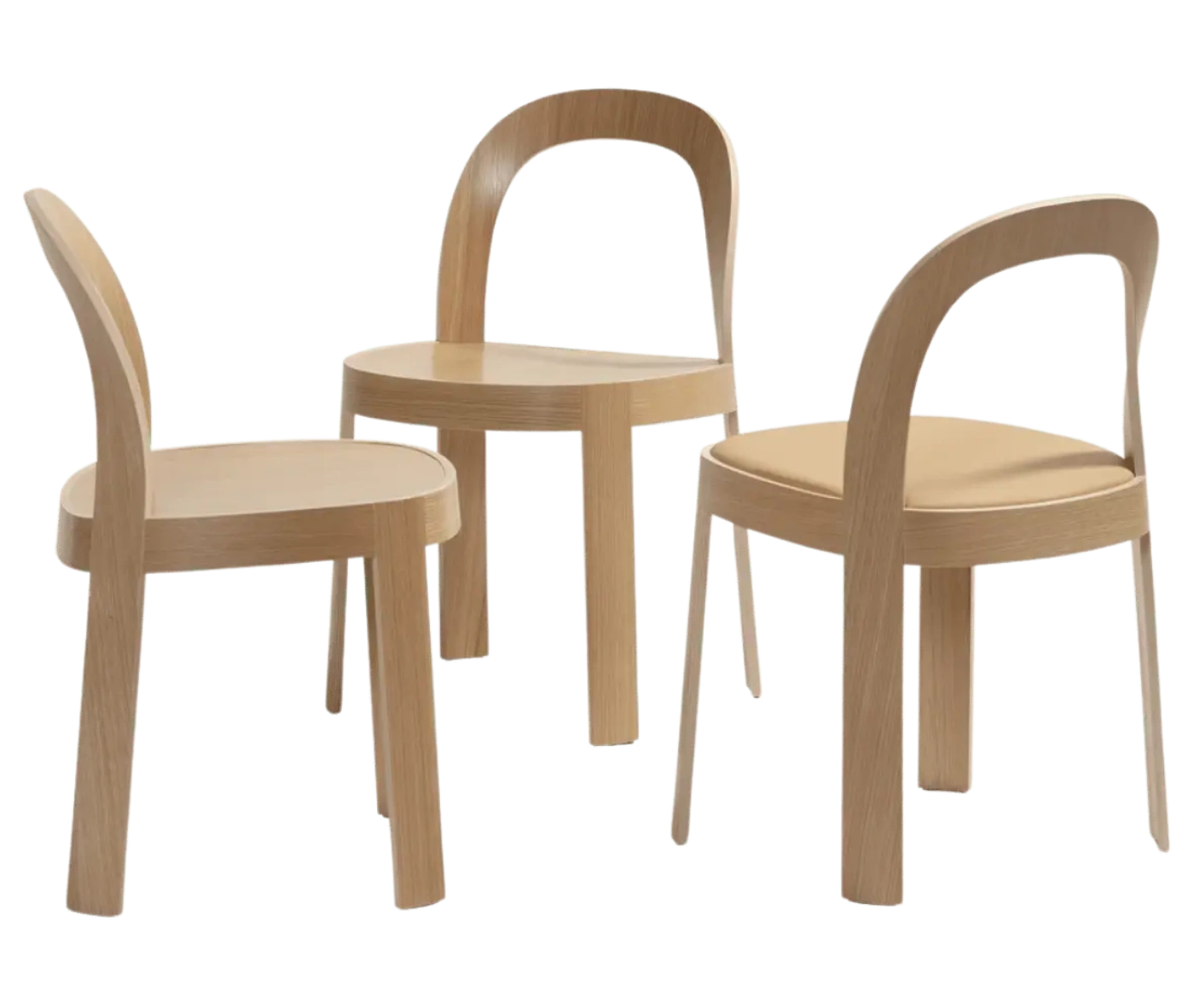 Bla Station OM chairs in natural timber with curved backrest and slim legs.