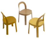 Bla Station OM chairs in natural timber and mustard yellow finishes, shown from front and rear views with curved backrests and slim timber legs.