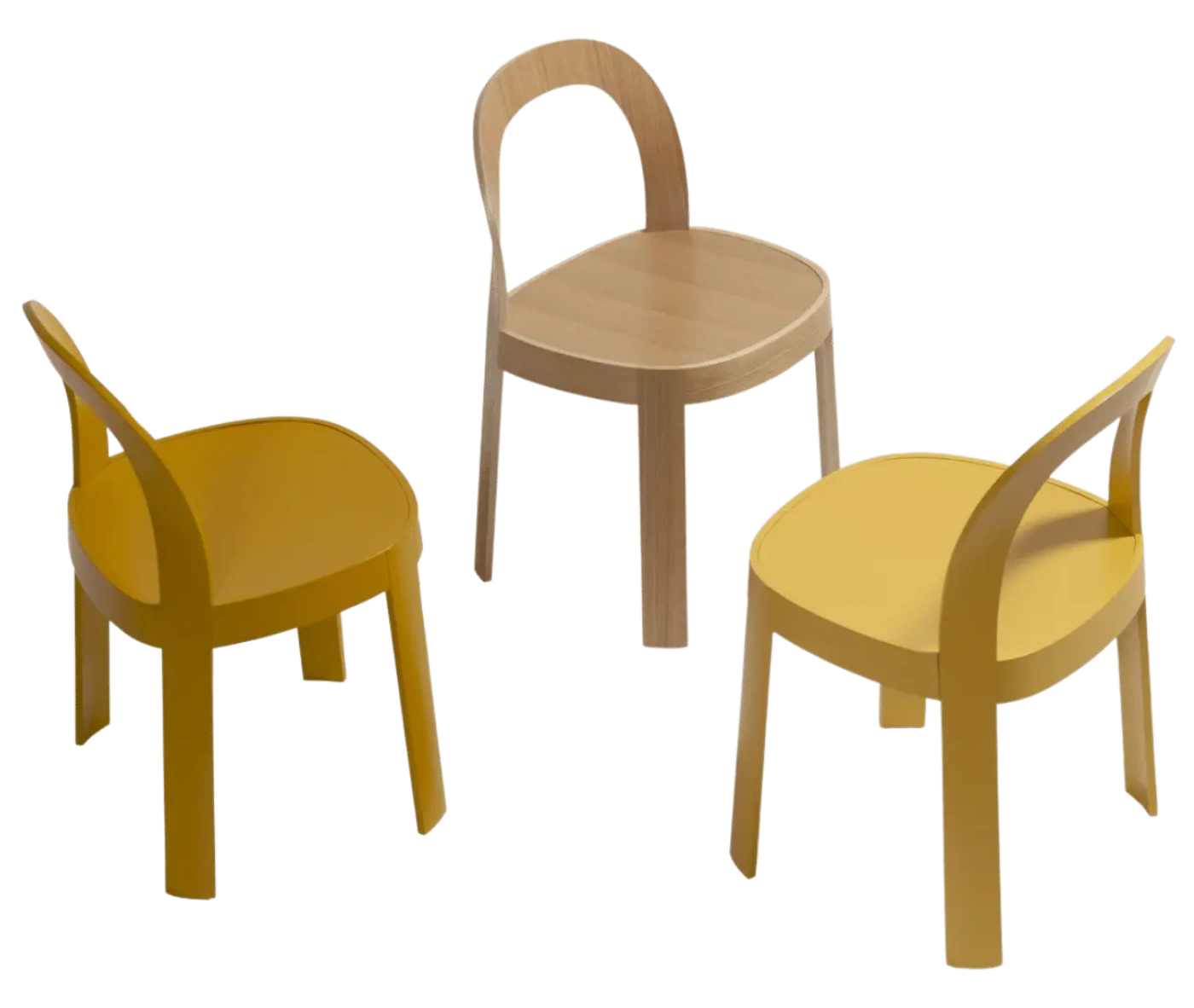 Bla Station OM chairs in natural timber and mustard yellow finishes, shown from front and rear views with curved backrests and slim timber legs.