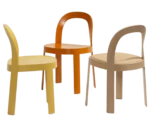 Bla Station OM chairs in natural timber, orange, and mustard yellow finishes, shown from multiple angles.