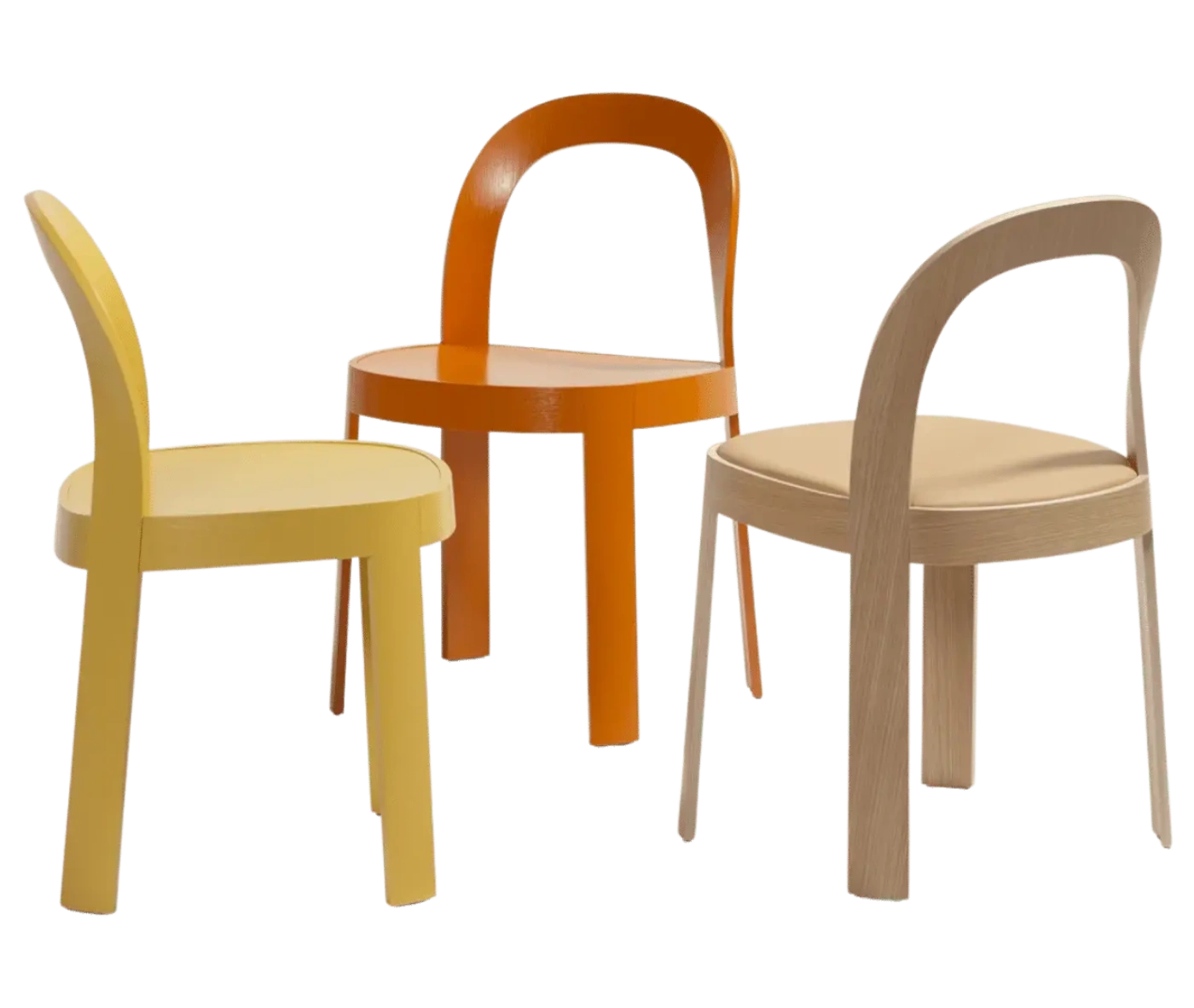 Bla Station OM chairs in natural timber, orange, and mustard yellow finishes, shown from multiple angles.