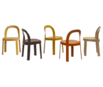 Bla Station OM chairs in assorted finishes, shown from multiple angles with curved backrests and slim timber legs.