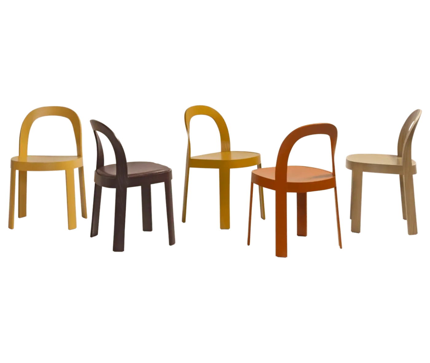 Bla Station OM chairs in assorted finishes, shown from multiple angles with curved backrests and slim timber legs.