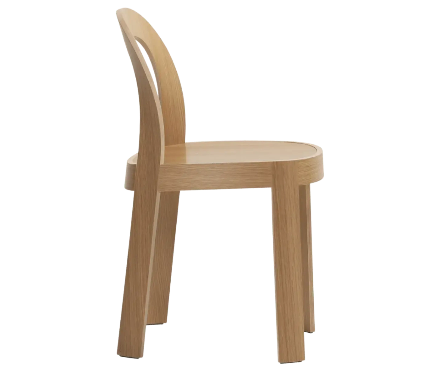 Bla Station OM chair, right-side view in natural timber with curved backrest and slim legs.