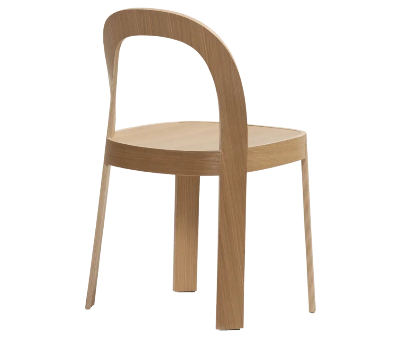 Bla Station OM chair, back view in natural timber with curved backrest and slim legs.
