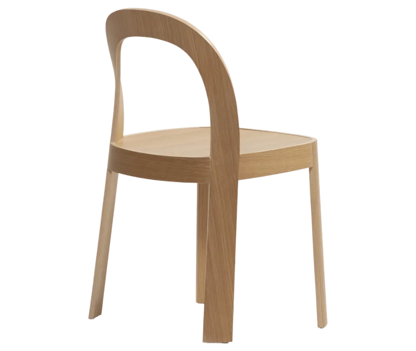 Bla Station OM chair, angled back view in natural timber with curved backrest and slim legs.