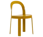 Bla Station OM chair, front-right view in mustard yellow timber with curved backrest and slim legs.