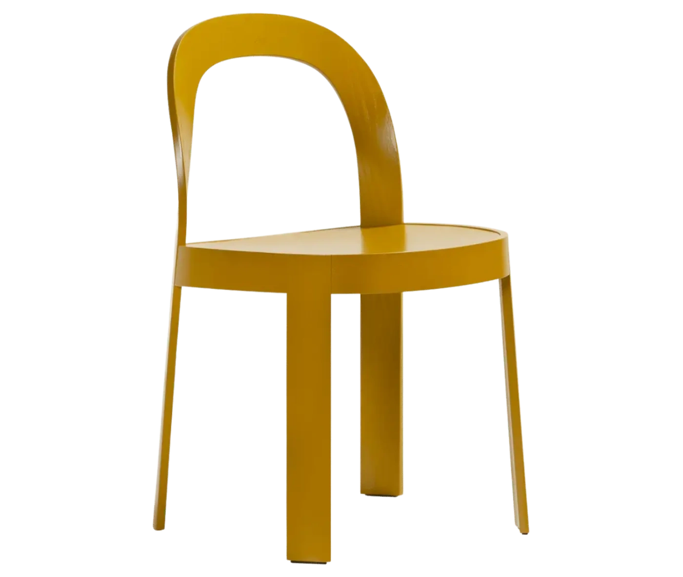 Bla Station OM chair, front-right view in mustard yellow timber with curved backrest and slim legs.