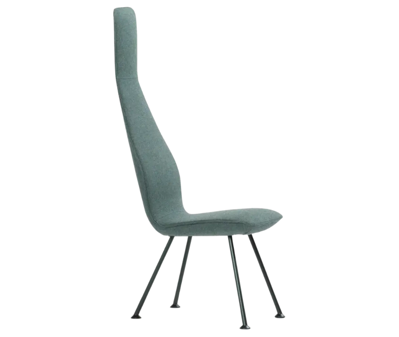 Bla Station Poppe high-back lounge chair, front-right view with fully upholstered light blue seat and slim metal legs.