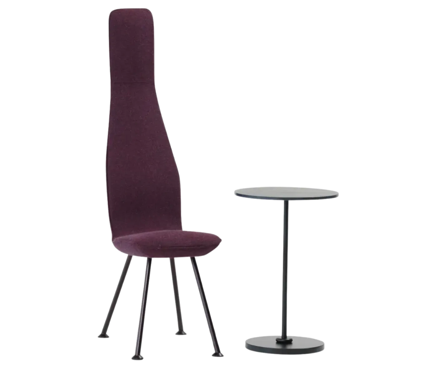 Bla Station Poppe high-back lounge chair, front-right view with fully upholstered burgundy seat and slim metal legs.