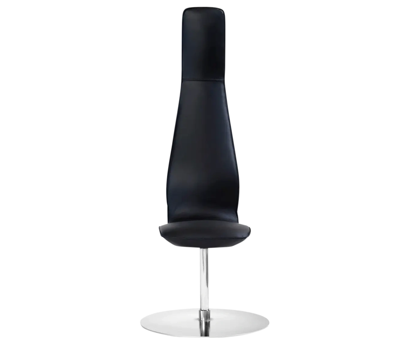 Bla Station Poppe high-back lounge chair, front-right view with fully upholstered dark seat, and round disc base.