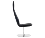 Bla Station Poppe high-back lounge chair, right-side view with fully upholstered dark seat, armrests, and round disc base.